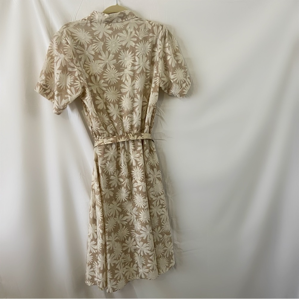 Vintage 70s Stuart Alan tan beige floral collared belt dress button up midi - Picture 7 of 9
